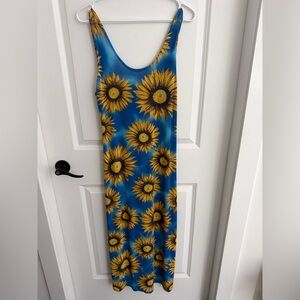 VINTAGE Sunflower Print Blue Maxi Dress